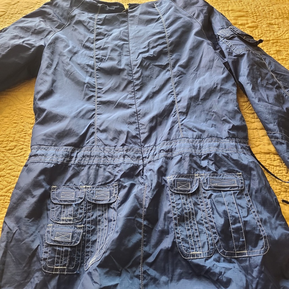 Vintage Y2K Dress M Parachute Maxi Blue Zipper Pocket Vneck Embroidered Cinch - Picture 4 of 9